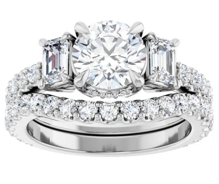 14K White Gold 7 mm Round Hidden Halo-Style Three-Stone Accented Engagement Ring. 127000:1140:P