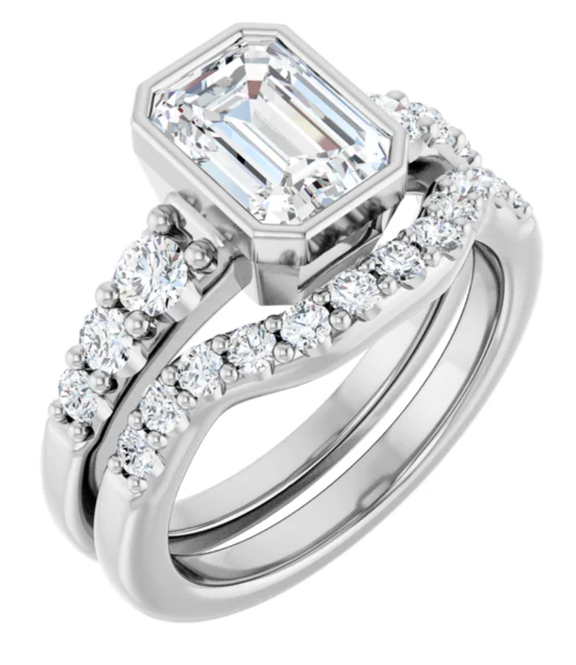 14K White Gold Bezel-Set 8x6 mm Emerald Accented Engagement Ring. 127185:1936:P