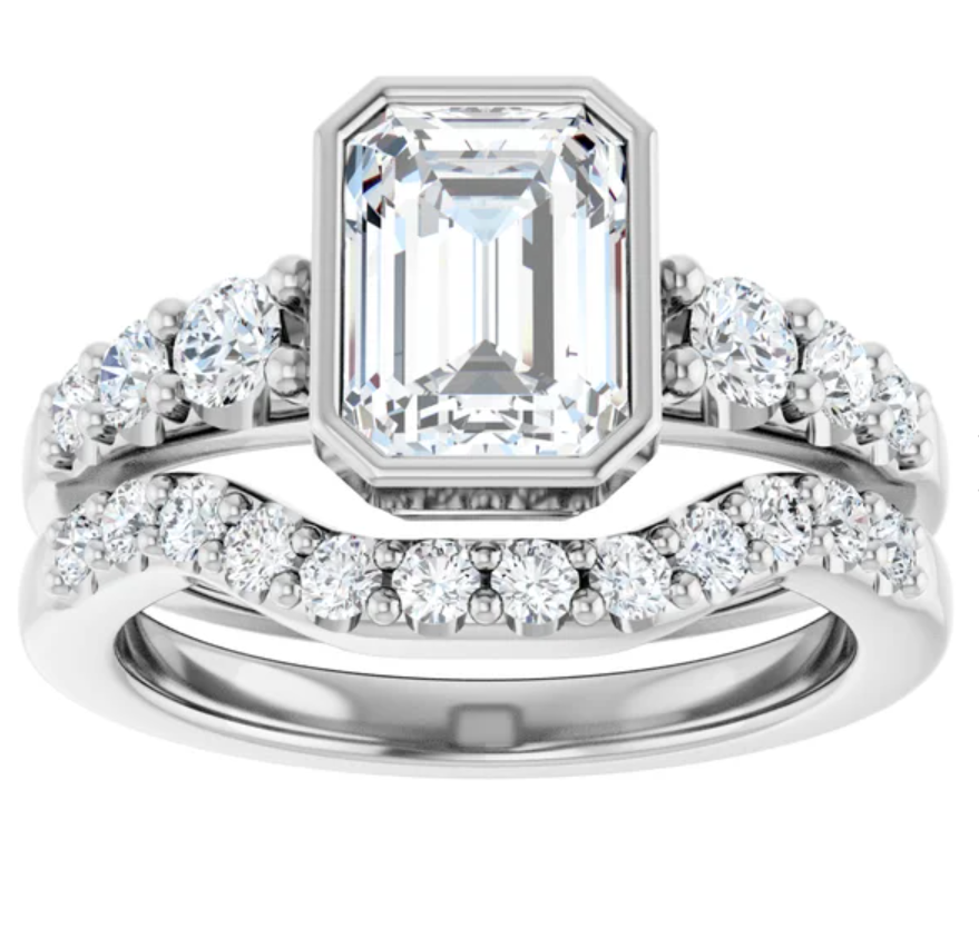 14K White Gold Bezel-Set 8x6 mm Emerald Accented Engagement Ring. 127185:1936:P
