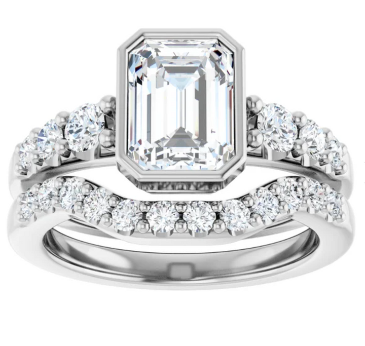 14K White Gold Bezel-Set 8x6 mm Emerald Accented Engagement Ring. 127185:1936:P