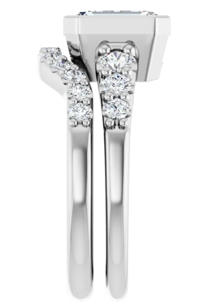 14K White Gold Bezel-Set 8x6 mm Emerald Accented Engagement Ring. 127185:1936:P