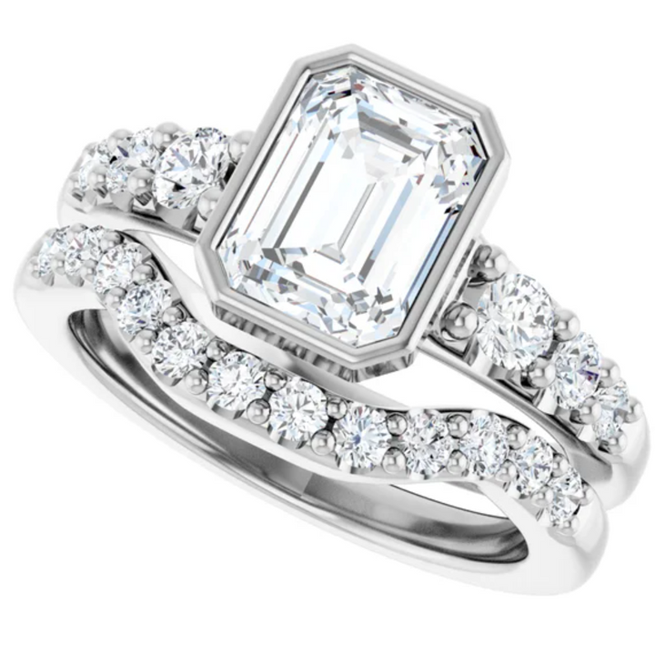 14K White Gold Bezel-Set 8x6 mm Emerald Accented Engagement Ring. 127185:1936:P