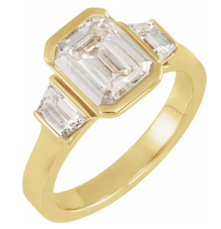 14K Yellow Gold Bezel-Set 9x7 mm Emerald Three-Stone Engagement Ring 127306:116:P