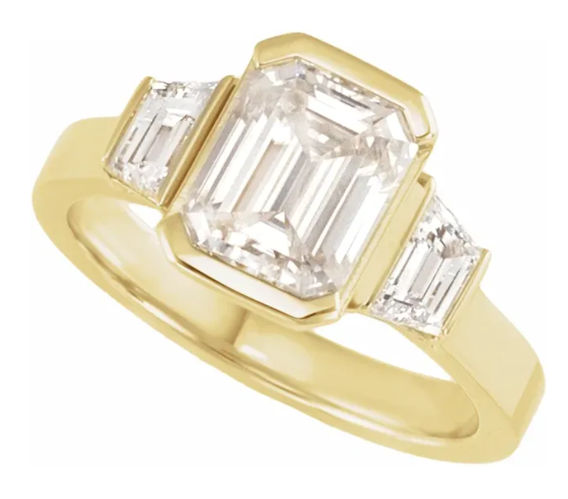14K Yellow Gold Bezel-Set 9x7 mm Emerald Three-Stone Engagement Ring 127306:116:P