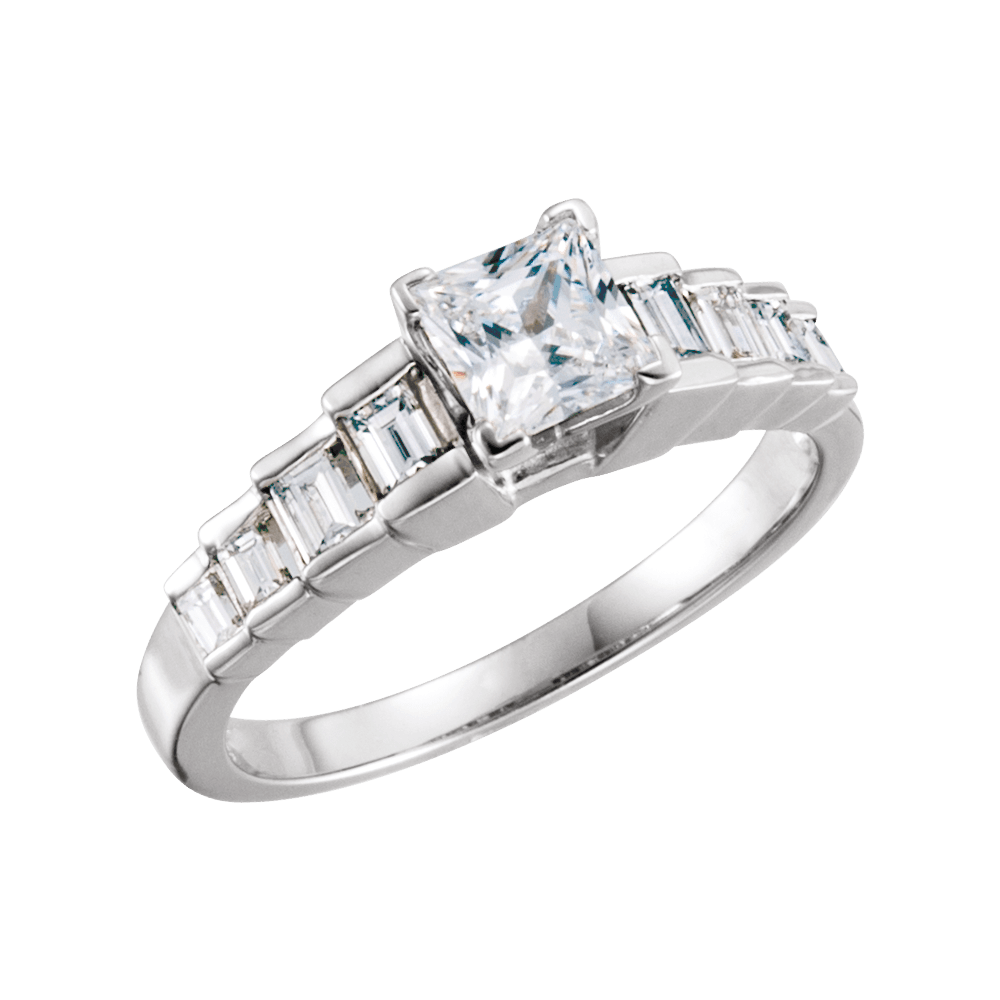 14K White Gold 5x5 mm Square Baguette Accented Engagement Ring. 12921:160967:P