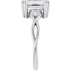 14K White Gold 9x7 mm Emerald Double Claw-Prong Three-Stone Engagement Ring. 126943:323:P