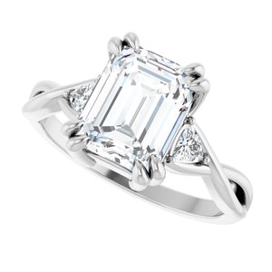 14K White Gold 9x7 mm Emerald Double Claw-Prong Three-Stone Engagement Ring. 126943:323:P