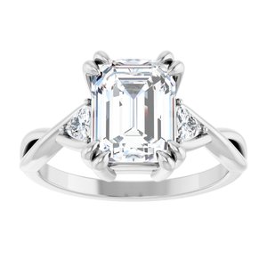 14K White Gold 9x7 mm Emerald Double Claw-Prong Three-Stone Engagement Ring. 126943:323:P