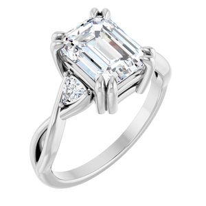 14K White Gold 9x7 mm Emerald Double Claw-Prong Three-Stone Engagement Ring. 126943:323:P