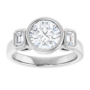 14K White Gold 7.4 mm Round Bezel-Set Three-Stone Engagement Ring. 126961:1830:P