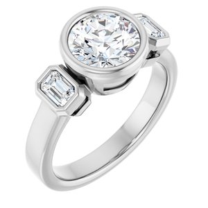 14K White Gold 7.4 mm Round Bezel-Set Three-Stone Engagement Ring. 126961:1830:P