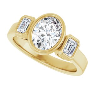 14K Yellow Gold 8x6 mm Oval Bezel-Set Three-Stone Engagement Ring. 126961:1216:P