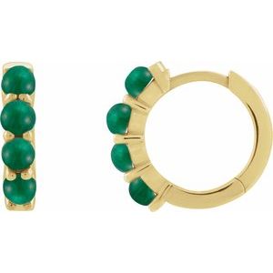 14K Yellow Gold Natural Emerald Cabochon Hinged 14.7 mm  Hoop Earrings. 87181:207:P