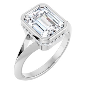 14K White Gold 9x7 mm Emerald Bezel-Set Hidden Halo-Style Engagement Ring. 127006:120:P