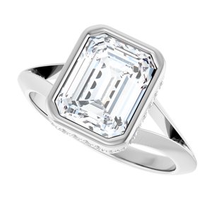 14K White Gold 9x7 mm Emerald Bezel-Set Hidden Halo-Style Engagement Ring. 127006:120:P