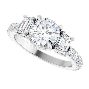 14K White Gold 7 mm Round Hidden Halo-Style Three-Stone Accented Engagement Ring. 127000:1140:P