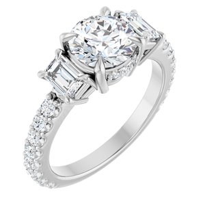 14K White Gold 7 mm Round Hidden Halo-Style Three-Stone Accented Engagement Ring. 127000:1140:P