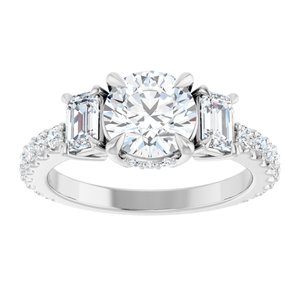14K White Gold 7 mm Round Hidden Halo-Style Three-Stone Accented Engagement Ring. 127000:1140:P