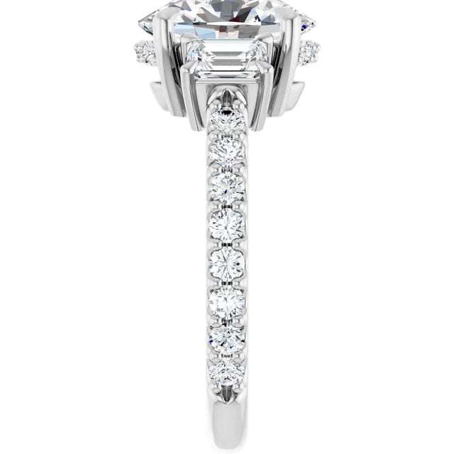 14K White Gold 10x8 mm Oval Three-Stone Hidden Halo-Style Accented Engagement Ring. 127000:150:P