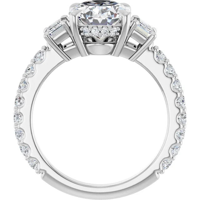 14K White Gold 10x8 mm Oval Three-Stone Hidden Halo-Style Accented Engagement Ring. 127000:150:P