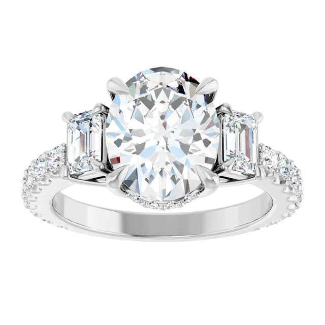 14K White Gold 10x8 mm Oval Three-Stone Hidden Halo-Style Accented Engagement Ring. 127000:150:P