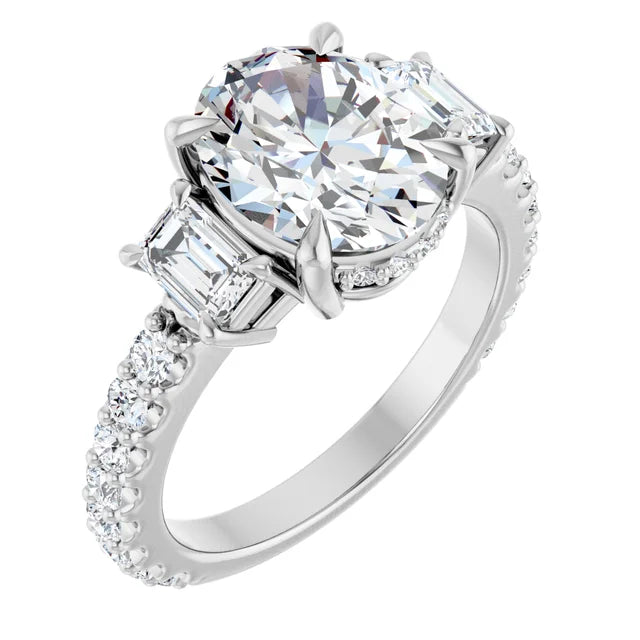 14K White Gold 10x8 mm Oval Three-Stone Hidden Halo-Style Accented Engagement Ring. 127000:150:P