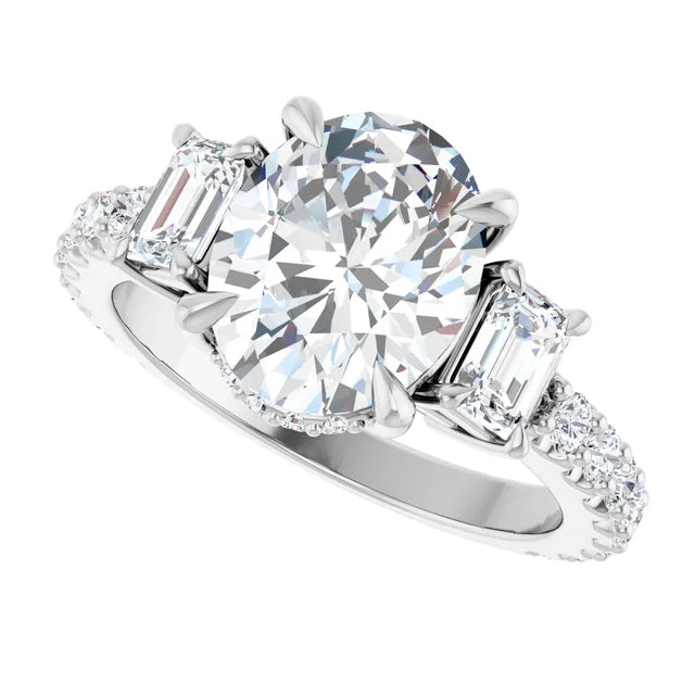14K White Gold 10x8 mm Oval Three-Stone Hidden Halo-Style Accented Engagement Ring. 127000:150:P
