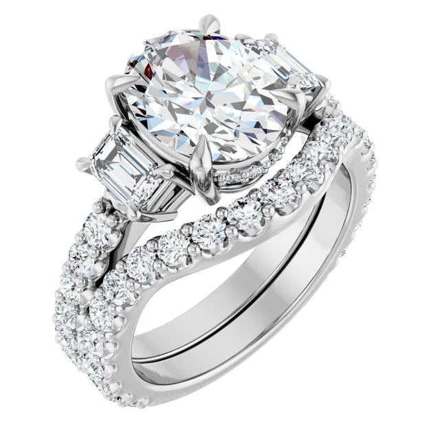 14K White Gold 10x8 mm Oval Three-Stone Hidden Halo-Style Accented Engagement Ring. 127000:150:P