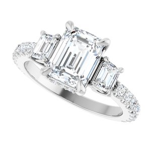 14K White Gold 8x6 mm Emerald Three-Stone Hidden Halo-Style Accented Engagement Ring. 127000:750:P