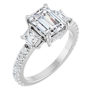 14K White Gold 8x6 mm Emerald Three-Stone Hidden Halo-Style Accented Engagement Ring. 127000:750:P