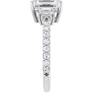 14K White Gold 8x6 mm Emerald Three-Stone Hidden Halo-Style Accented Engagement Ring. 127000:750:P