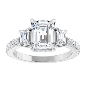14K White Gold 8x6 mm Emerald Three-Stone Hidden Halo-Style Accented Engagement Ring. 127000:750:P