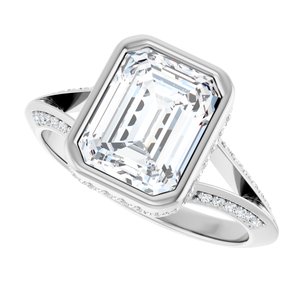 14K White Gold 9x7 mm Emerald Bezel-Set Hidden Halo-Style Accented Engagement Ring. 127004:645:P