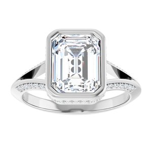 14K White Gold 9x7 mm Emerald Bezel-Set Hidden Halo-Style Accented Engagement Ring. 127004:645:P