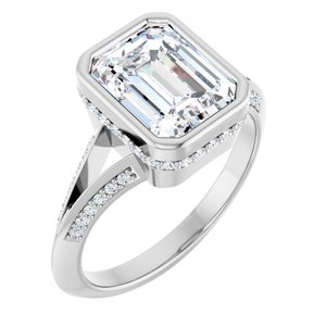 14K White Gold 9x7 mm Emerald Bezel-Set Hidden Halo-Style Accented Engagement Ring. 127004:645:P