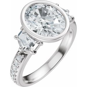 14K White Gold Bezel-Set 10x8 mm Oval 1 1/8 CTW Diamond Three-Stone Accented Engagement Ring. 689468:LG713:P