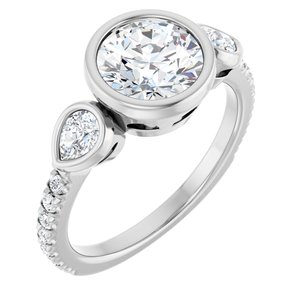 14K White Gold 7.4 mm Round Bezel-Set Three-Stone Accented Engagement Ring. 127125:900:P