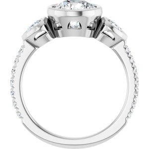 14K White Gold 7.4 mm Round Bezel-Set Three-Stone Accented Engagement Ring. 127125:900:P