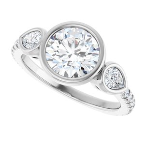 14K White Gold 7.4 mm Round Bezel-Set Three-Stone Accented Engagement Ring. 127125:900:P