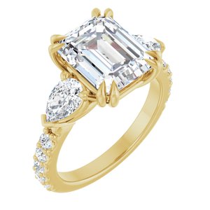 14K Yellow Gold 10x8 mm Emerald Double Claw-Prong Three-Stone Accented Engagement Ring. 127136:3087:P