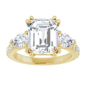 14K Yellow Gold 10x8 mm Emerald Double Claw-Prong Three-Stone Accented Engagement Ring. 127136:3087:P
