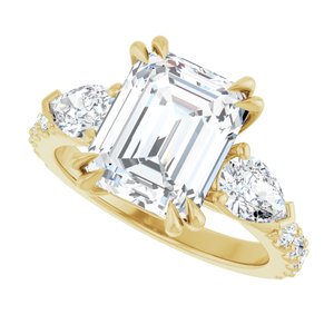 14K Yellow Gold 10x8 mm Emerald Double Claw-Prong Three-Stone Accented Engagement Ring. 127136:3087:P