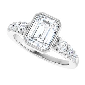 14K White Gold Bezel-Set 8x6 mm Emerald Accented Engagement Ring. 127185:1936:P