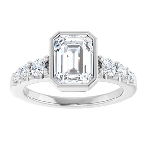 14K White Gold Bezel-Set 8x6 mm Emerald Accented Engagement Ring. 127185:1936:P