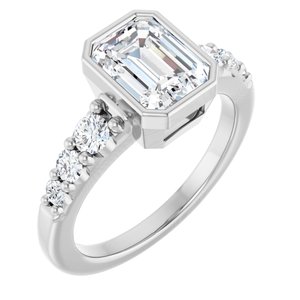 14K White Gold Bezel-Set 8x6 mm Emerald Accented Engagement Ring. 127185:1936:P