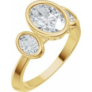 14K Yellow Gold Oval Bezel-Set Hidden Halo-Style Three-Stone Engagement Ring 689524:LG709:P
