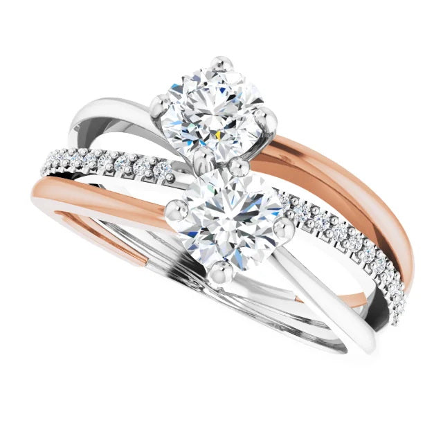 Ladies 14K White/Rose Gold Engagement Ring With Lab Diamonds. 1.1CTW 2 Center Stone VS Clarity, F Color