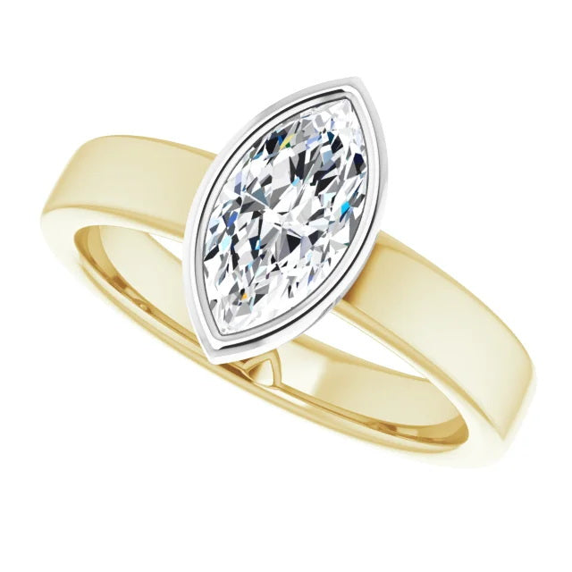 14K Yellow/White 10x5 mm Marquise Solitaire Engagement Ring With Lab Diamonds. 1.5ct Center Stone. VS Clarity, F Color