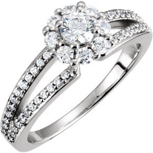14K White Gold 3/4 CTW Nine-Stone Cluster Halo-Style Accented Engagement Ring. 121695:102:P