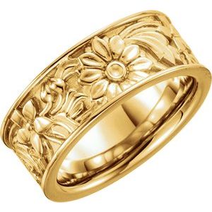 14K Yellow Gold 8.25 mm Floral Flat Band. 50404:286731:P